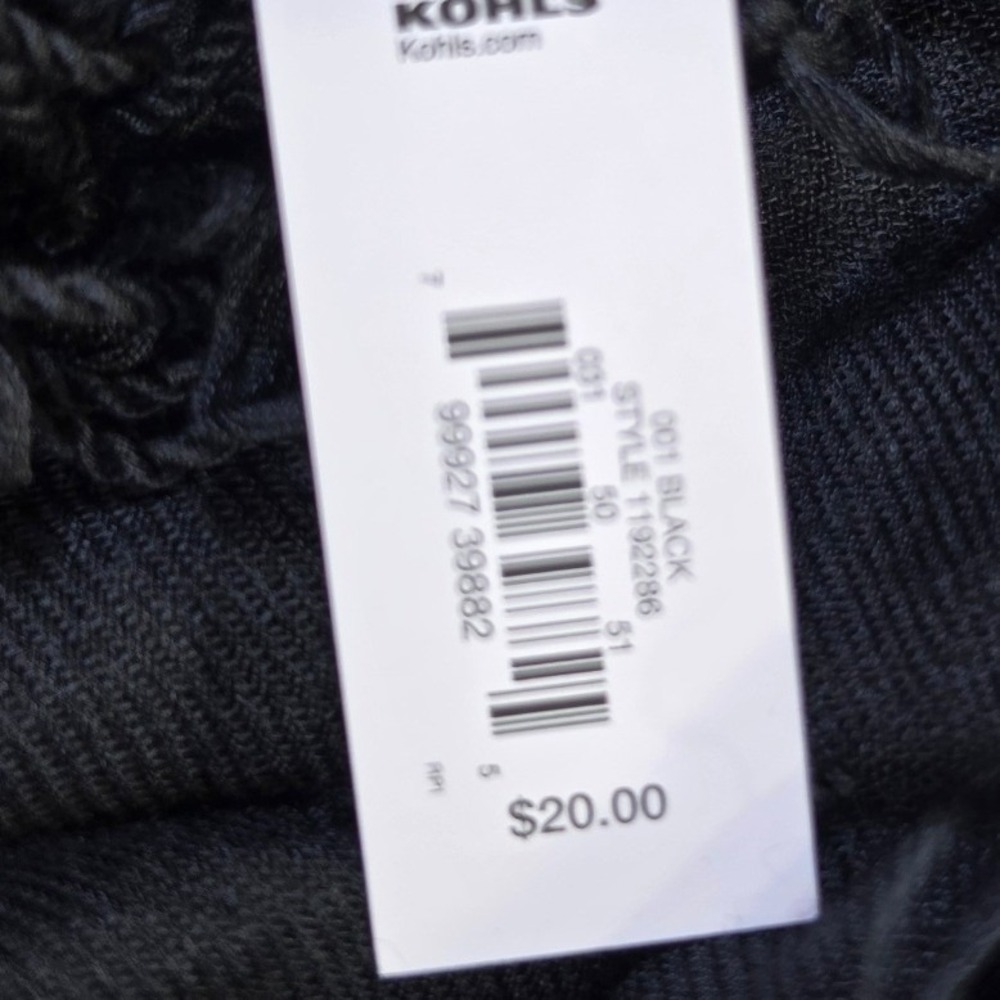 Kohls Black Rayon Scarf Lightweight Fringed Wrap Style 1192286 OS